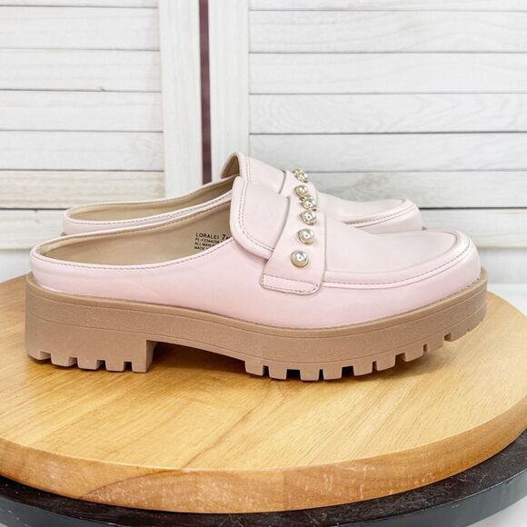 Crown & Ivy Loralei Pearl Embellished Lug Sole Mule Loafers Blush‎ Pink 7 - Picture 2 of 12